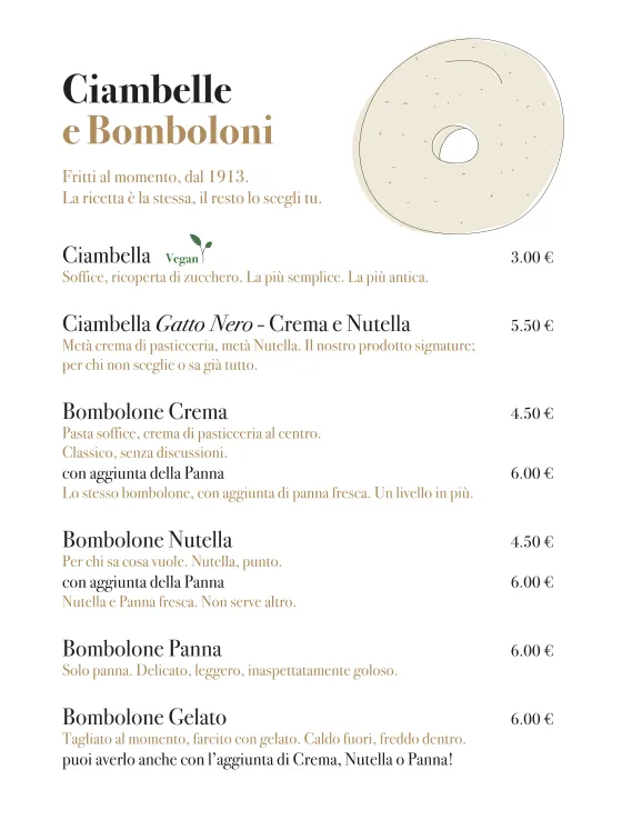 Menu page 2: ciambelle and bomboloni with prices