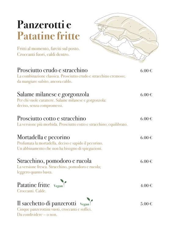 Menu page 3: panzerotti and fries with prices