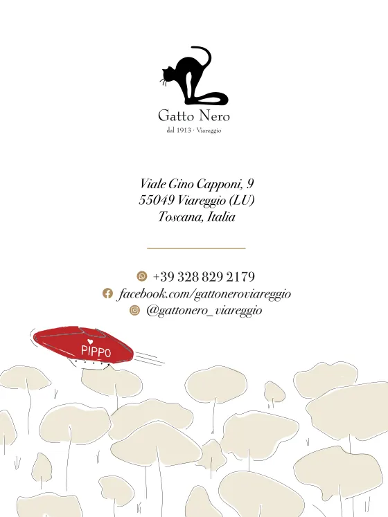 Menu page 8: Gatto Nero address, phone and social media